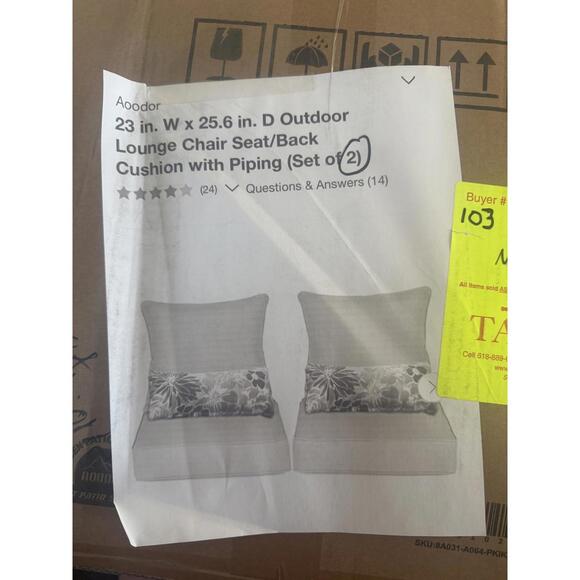 Aoodor Outdoor Chair Cushion, 23 x 25.5 Inch, Set of 2, Charcoal - Picture 5 of 6